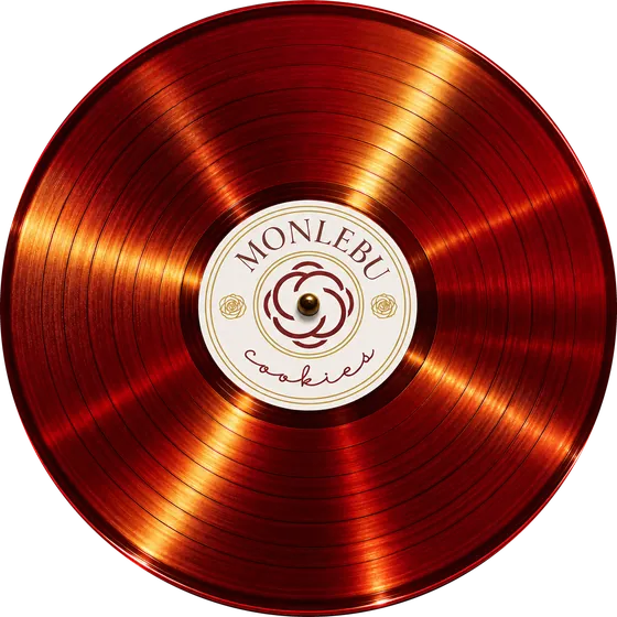 Disco de vinil vermelho e dourado com o selo da Monlebu Cookies