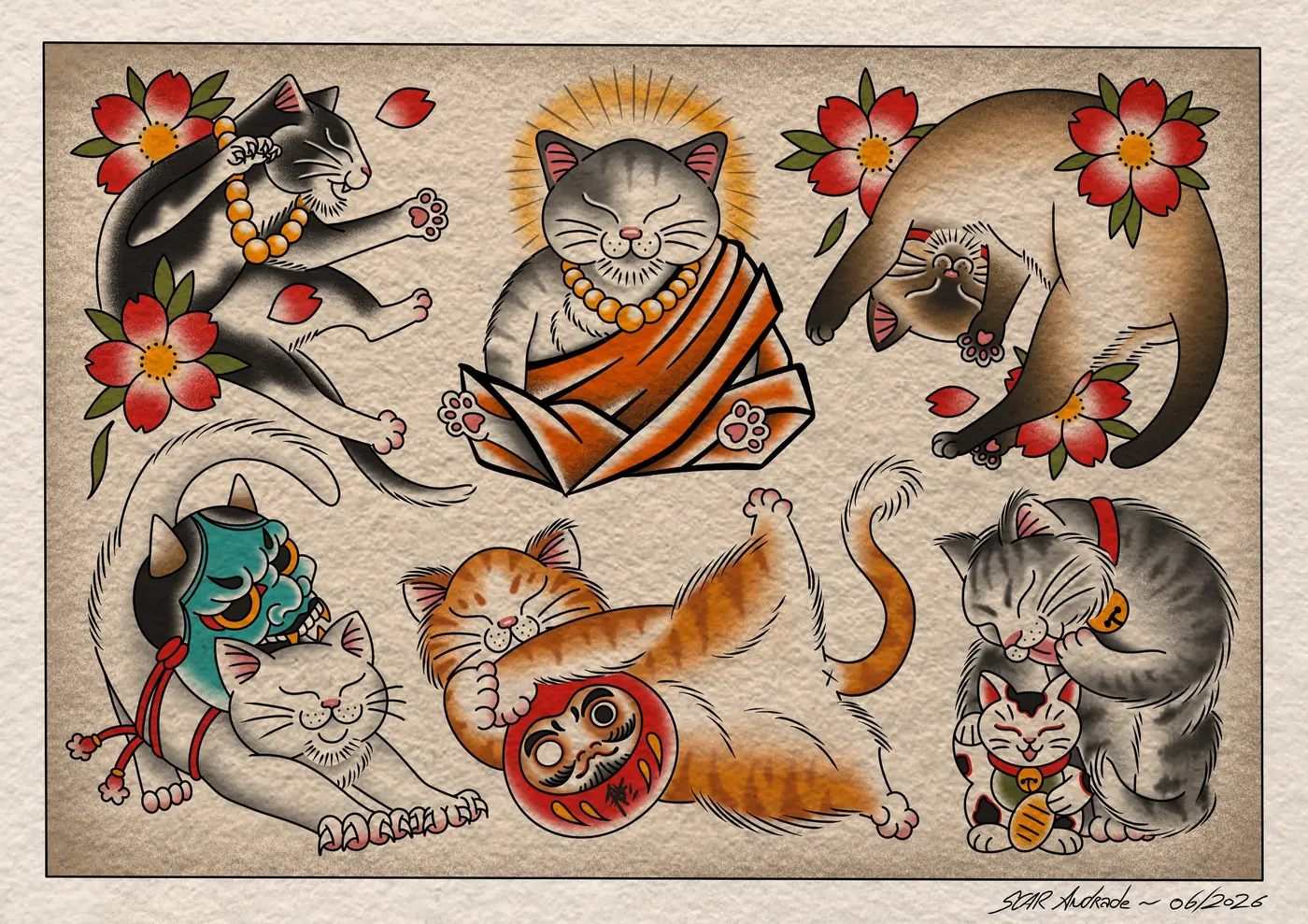 Folha de flash de gatos em estilo japonês