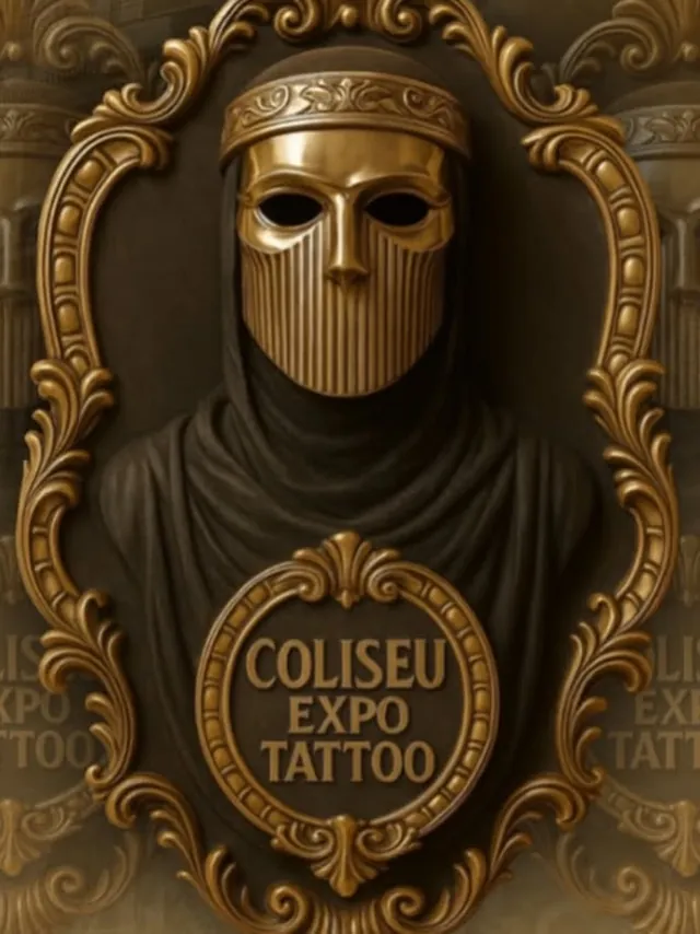 Troféu da Coliseu Expo Tattoo, uma máscara dourada em moldura barroca
