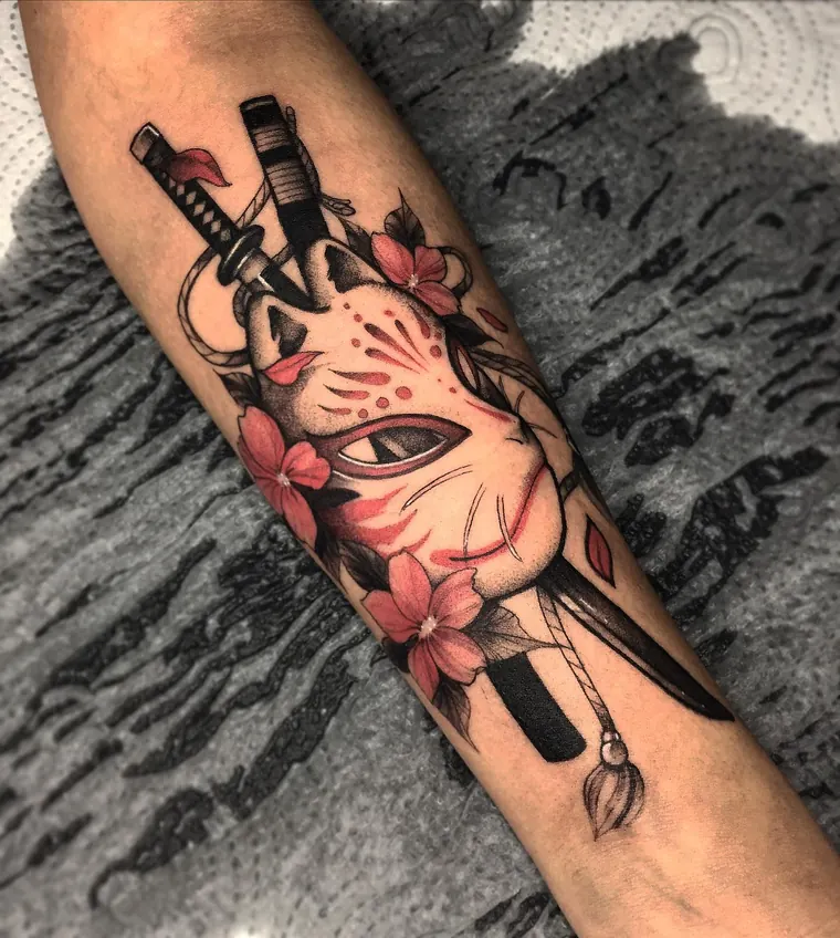 Kitsune e katana, tatuagem neo-oriental por Eric Cardozo