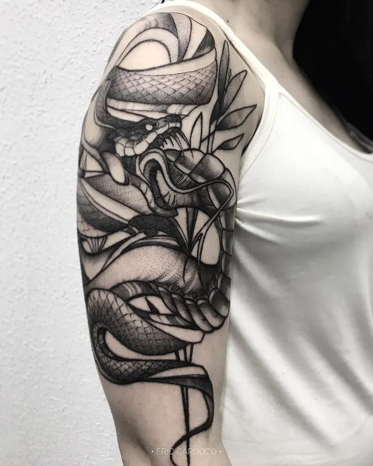 Dragão e serpente, tatuagem neo-oriental por Eric Cardozo