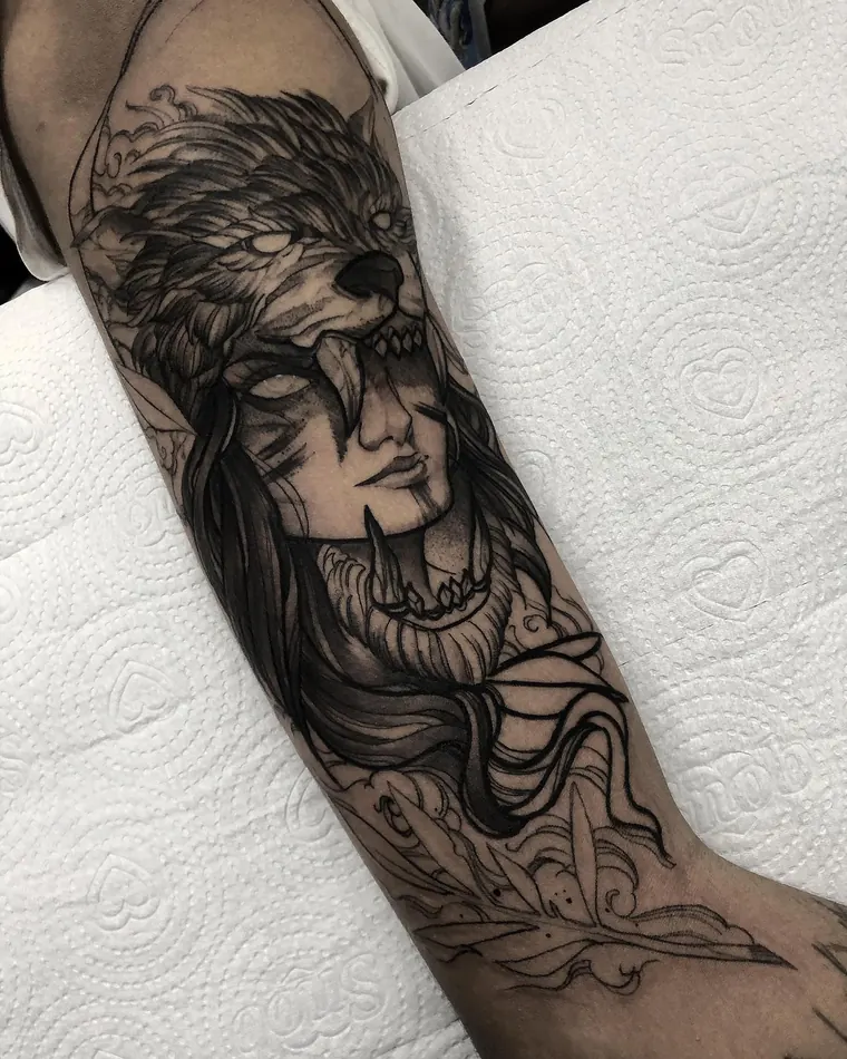 Guardiã do lobo, tatuagem sketch por Eric Cardozo