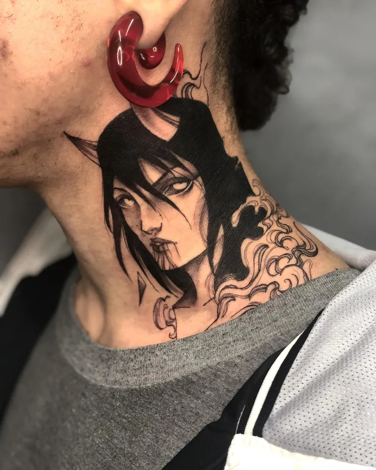 Yokai no pescoço, tatuagem neo-oriental por Eric Cardozo